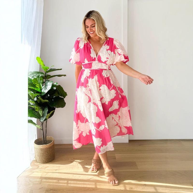 Damen Sommer Neue Modelle V-Ausschnitt Puffärmel Taille Schlank Großes Schwingkleid Bedruckte Kleider