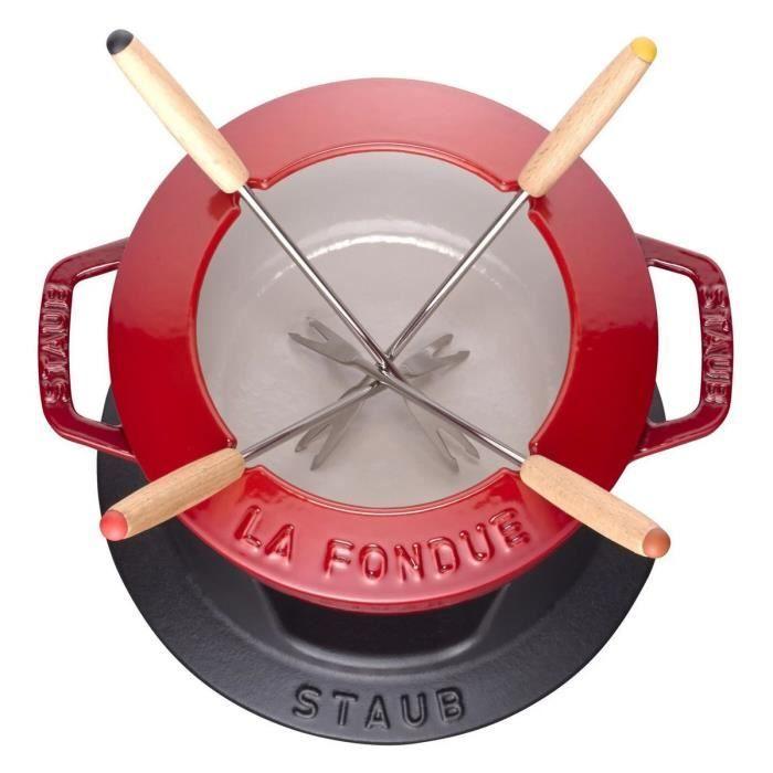 Service à Fondue - STAUB - 16 cm - Fonte - Cerise - Inclus 4 fourchettes et brûleur