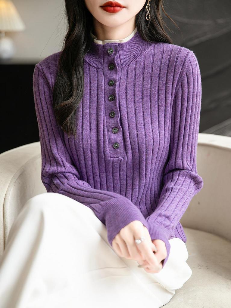 Women's Ribbed Knit Double-Layer Pullover Sweater with Stand Collar - Long Sleeve, Color Block Design for Autumn/Winter