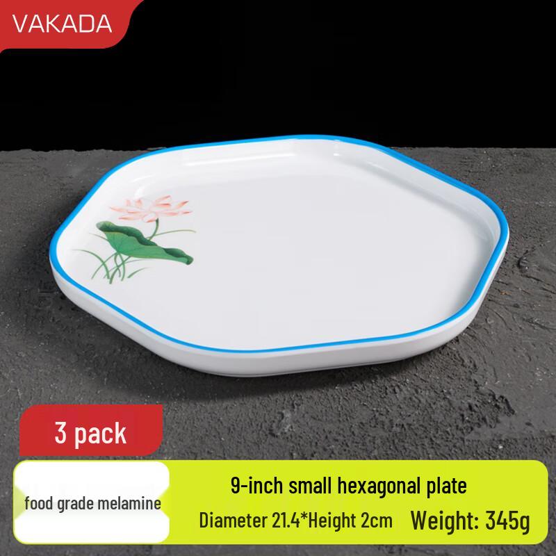 VAKADA Blue Lotus Melamine Hexagonal Dinner Plate, 3-Pack