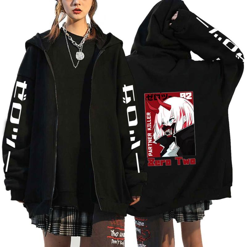 Anime Zero Two Darling In Franxx Hooded Zip-Up Sweatshirt Mens Oversized Fleece Lined Casual Pullover