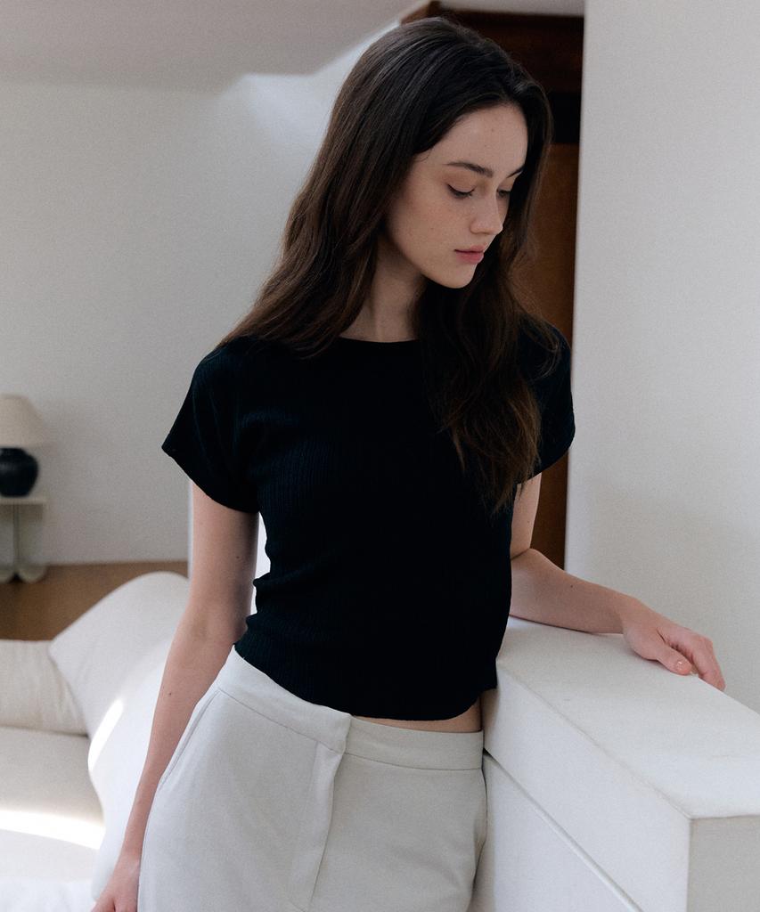Meojiaenminggeul Arin Wholegarment Pleats Short Sleeve Knit Top (Black)