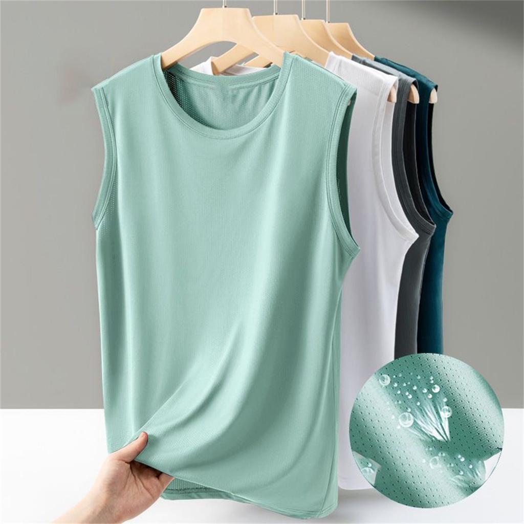 Men's Solid Color Casual Sleeveless Tank Top Round Neck Breathable Vest Sweat Drying Tank Top Suitable for Summer Sports