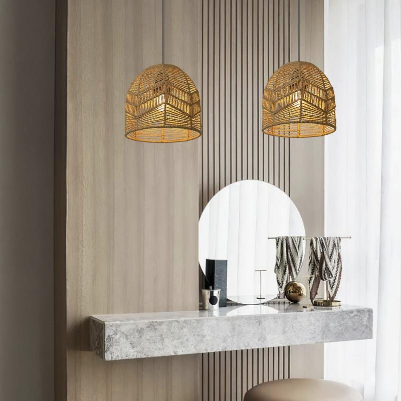 Bamboo Lantern Pendant Lamp Natural Rattan Wicker Chandeliers Hand-Woven Bamboo Lampshades Lighting Fixtures Hanging Light