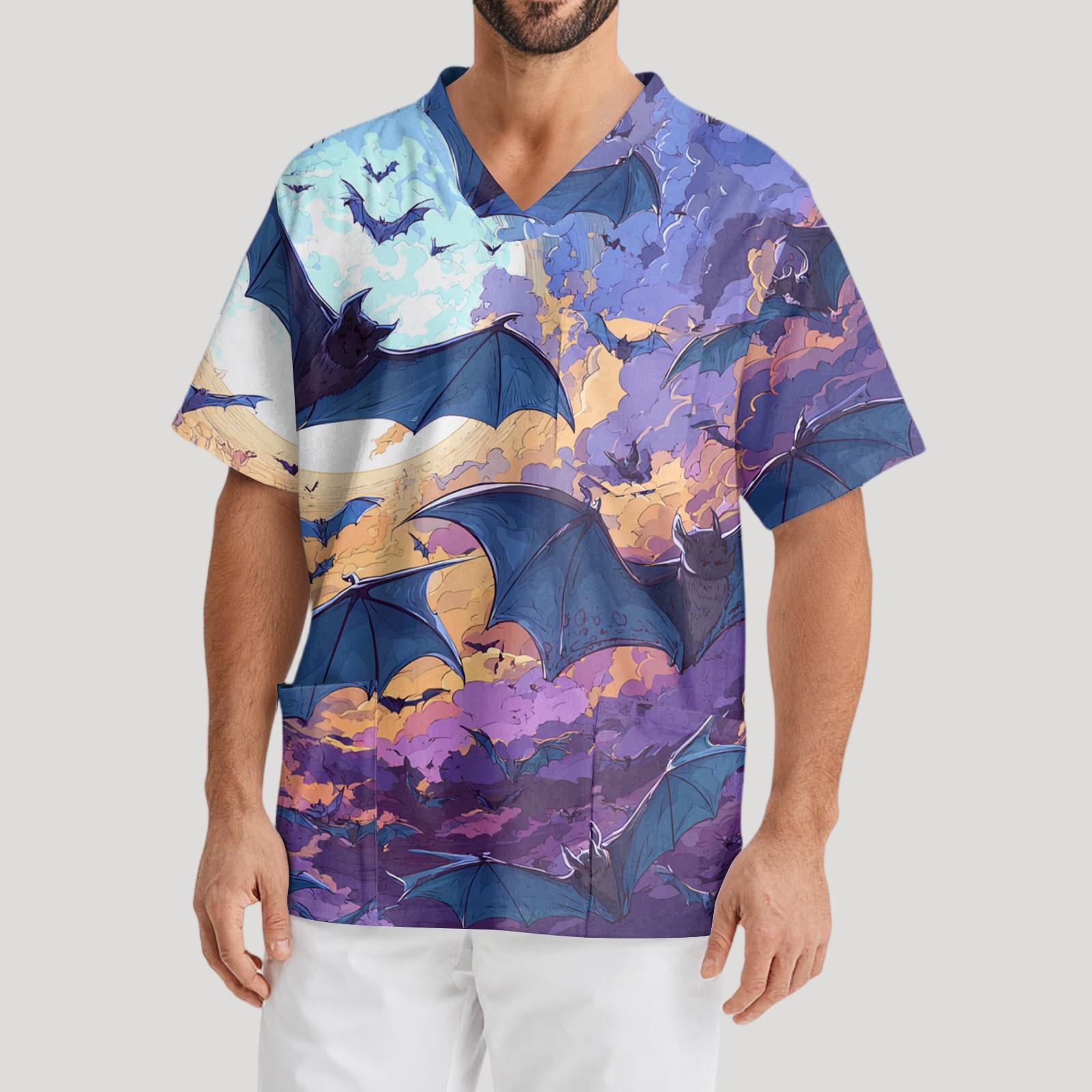 

Men s Printing Short Sleeve V-neck Working Blouse Chest Pocket Carer Top XXL синій