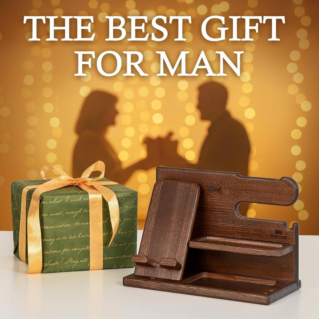 Gifts for Men Wood Phone Docking Station Desk Organizer Fathers Gifts Gifts for Him Xmas Gift Anniversary Birthday Presents Nightstand Key