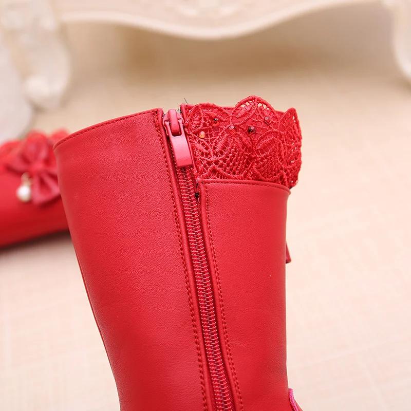 Baby Girls Comfortable Casual Plus Velvet Bow Beaded Lace Warm ZIP Autumn/winter Round Head Daily Kids Mid-calf Children's Boots