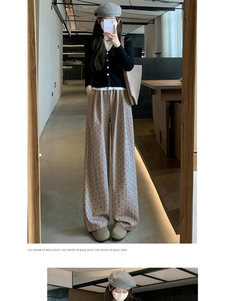 2025 Women's Khaki Polka Dot Striped Wide-Leg Pants - Spring & Autumn Relaxed Fit