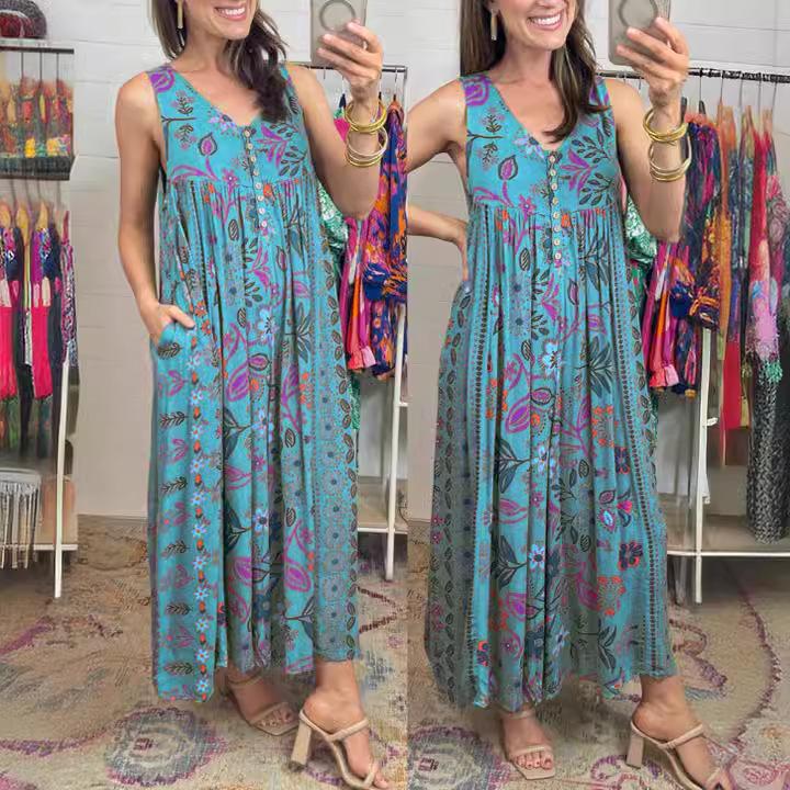 2024 Summer Retro Print Loose Sleeveless Women's Jumpsuit