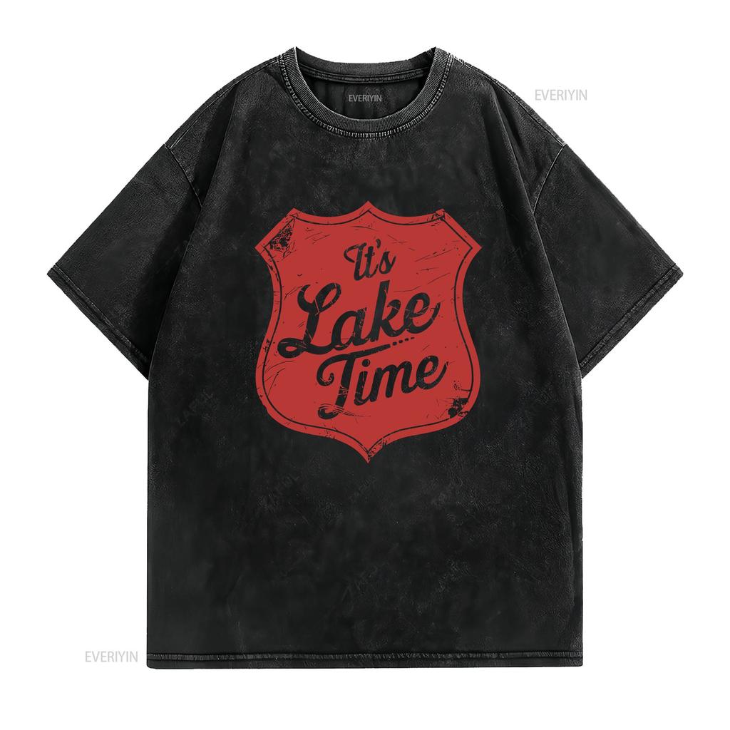 Its Lake Time Retro Shield T Shirt Vintage Style Summer Vacation vintage Washed Top For Everyday Wear Casual Versatile fashion