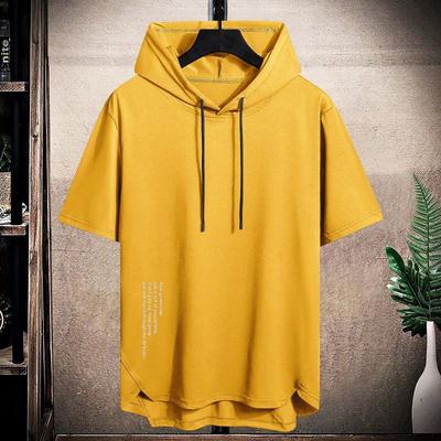 T-shirt con cappuccio da uomo estiva, orlo curvo, coulisse, felpa casual a maniche corte