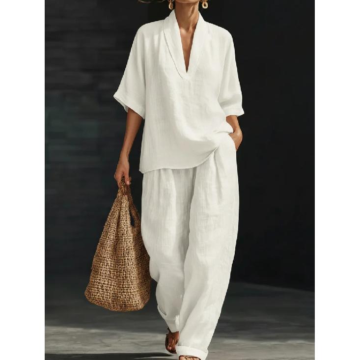 2026 Spring/Summer Hot-Selling V-Neck Short-Sleeve Top Set, Fashionable Casual Wide-Leg Pants Set