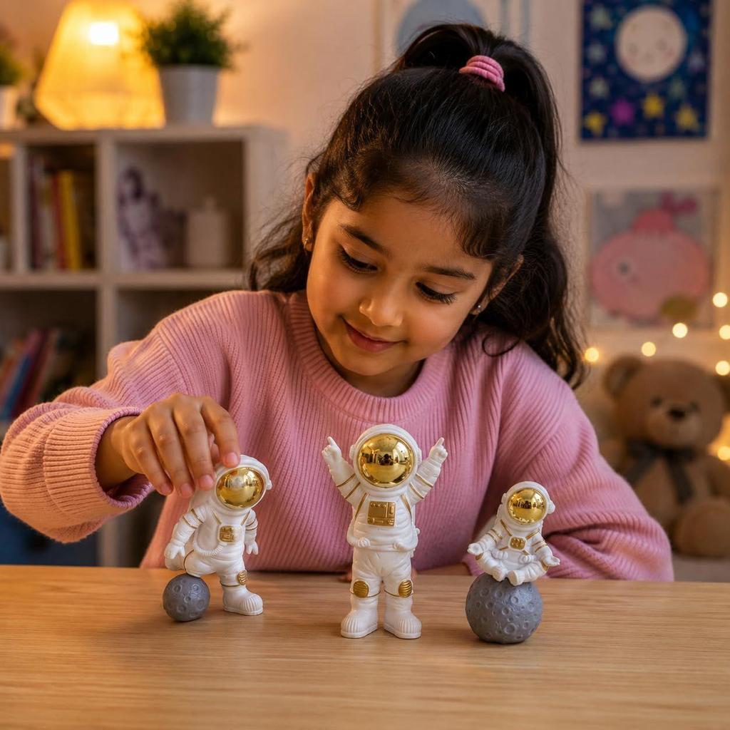 3pcs Astronaut Figurine Home Decor Statue Sculpture Showpiece Golden (Golden B), Polyvinyl Chloride