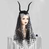Punk Goat Horn Hairband for Halloween Party Gathering with Flower and Tulle Adult Women Roleplaying Game Accessories