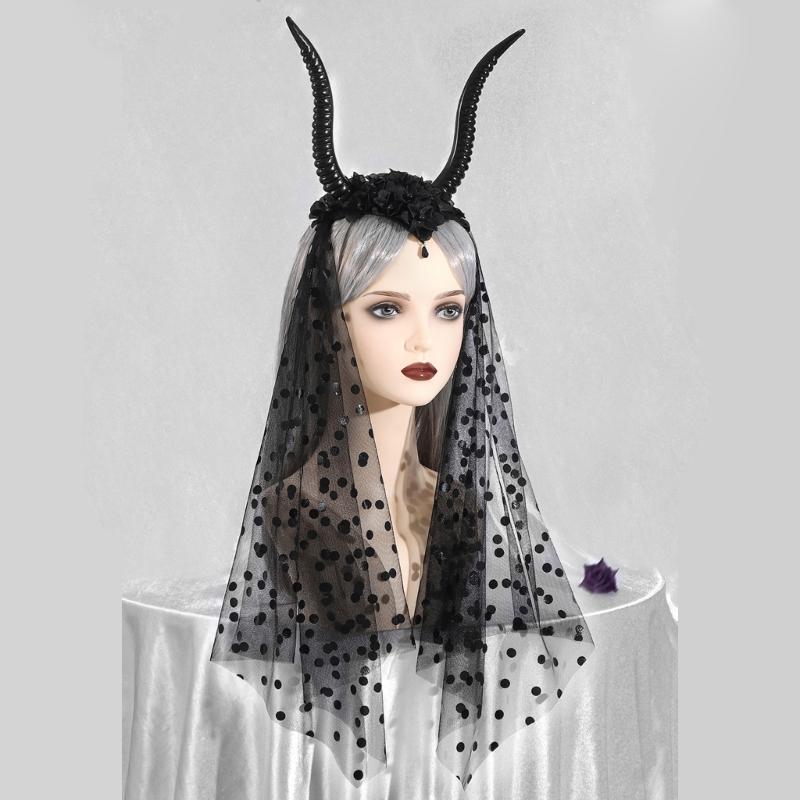 Punk Goat Horn Hairband for Halloween Party Gathering with Flower and Tulle Adult Women Roleplaying Game Accessories