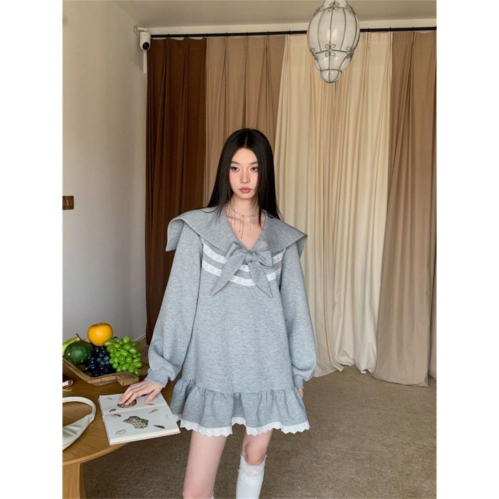 Sweet Preppy Style Mini Dress Female Clothing Fashion Lace Spliced Spring Autumn Sailor Collar Bandage Bow Basic Ruffles Dresses