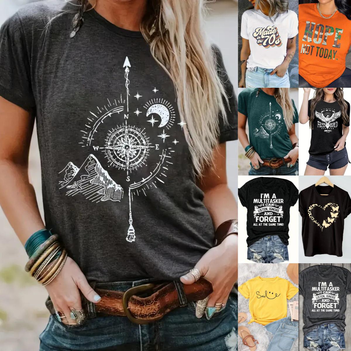 

Women s Sweet Print Letter Short Sleeve Tops - New Arrival Large