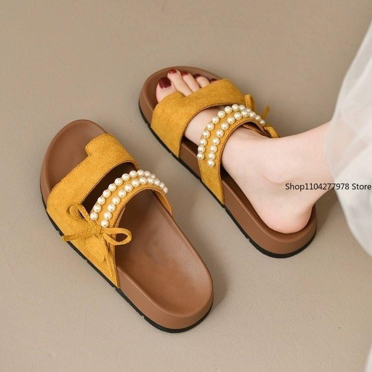 Fashion French Pearl Platform Slippers Women's Summer 2025 New Sandals Open-toe Cool Breatheable Princess Shoes Mules Female