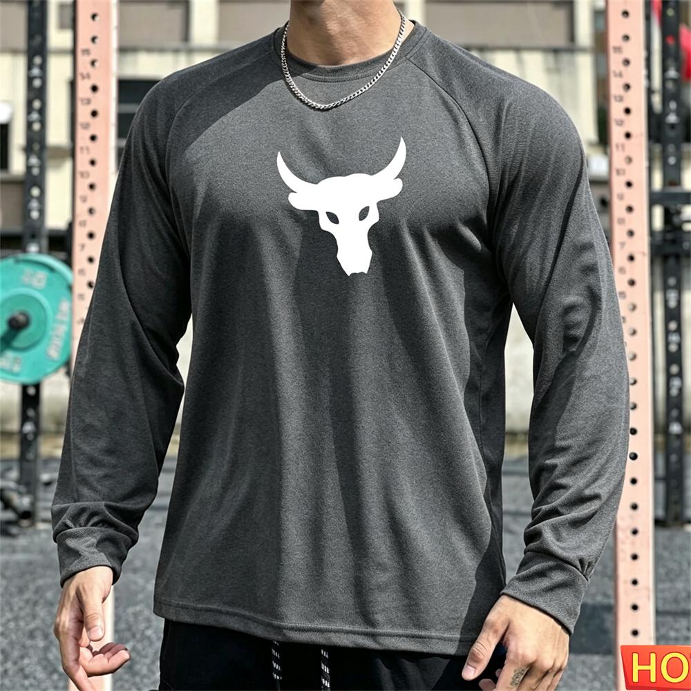 Autumn Men's Long sleeved T-shirt Bull Head Pattern Men's Fitness T-shirt Polyester Elastic Sports T-shirts Breathable Gym clothing