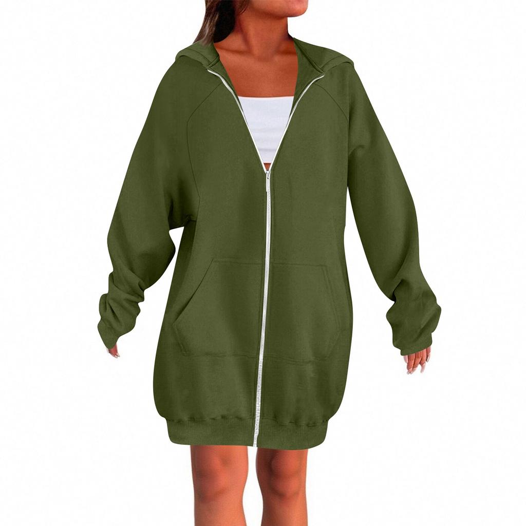 Women's Solid Color Zippered Sweatshirt Top Daily Casual Raglan Long Jacket (Without Hood Drawstring)