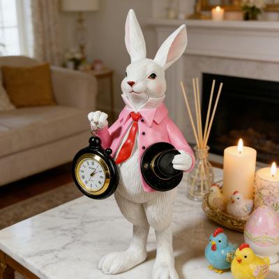 Easter Bunny Clock Decor Resin Rabbit Figurine with Top Hat And Pocket Watch Spring Vintage Bunny Statue for Desk Shelf Home Decor