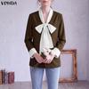 VONDA Women V-Neck Bow Lace Patchwork Long Sleeve Button Thin Cardigan Blazer