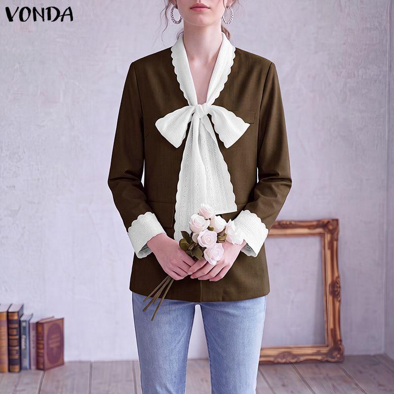 VONDA Women V-Neck Bow Lace Patchwork Long Sleeve Button Thin Cardigan Blazer