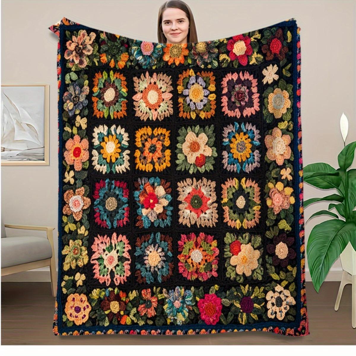 

[Vibrant Blanket] Vibrant Floral Crochet Blanket Cozy Lightweight Polyester Knit Digital Print Home Decor Accent Soft Texture 30x40in