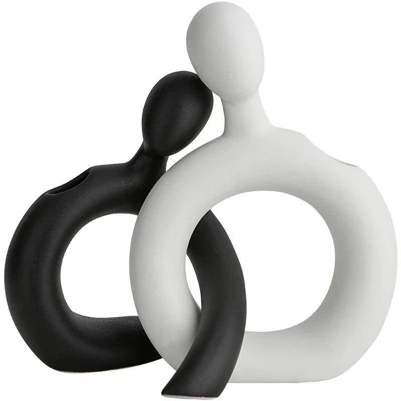Creative Ceramic Figure Vase Couple Abstract Hollowed-out Flower Arrangement Ornaments Flower Vase Creative Display Home Decorat
