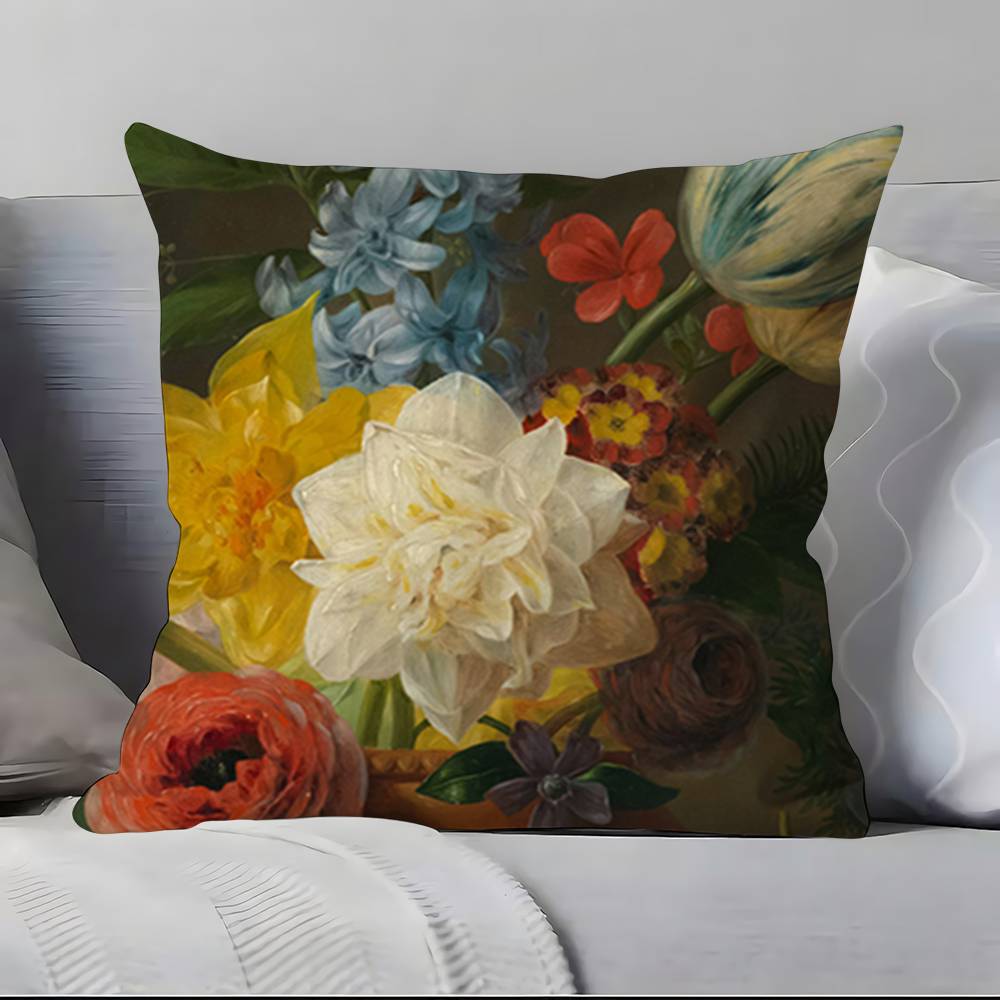 Beautiful Oil Painting Flowers Pillow Case Anti-dustmite Pillowcase Invisible zipper silky short plush Sofa cushion cover