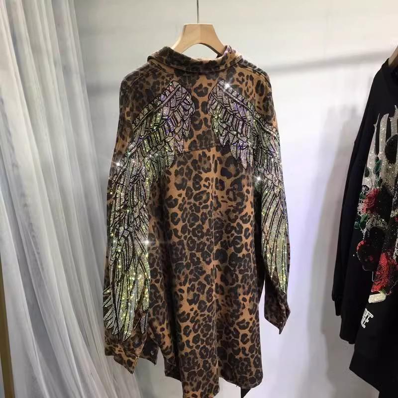 Extra Large Leopard Print Diamond Wing Jacket - Mid-Length, Loose Fit for Plus Size Women (200-300 Lbs)
