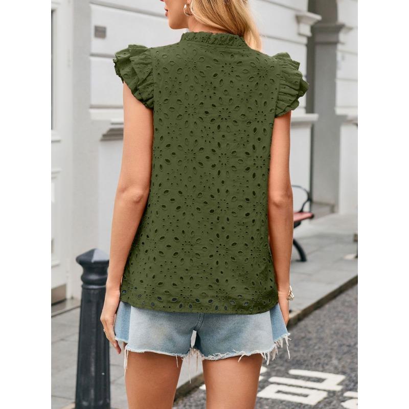 Women European Style Casual Summer Hollow Out Embroidery Flounce Sleeve V Neck Shirt