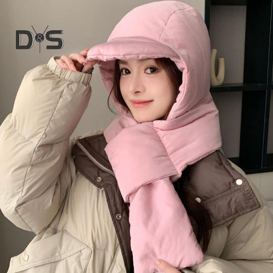 Women Winter Integrated Hat And Scarf Thick Warm Padded Windproof High Elasticity Full Protection Outdoor Travel Cold Weather Cap
