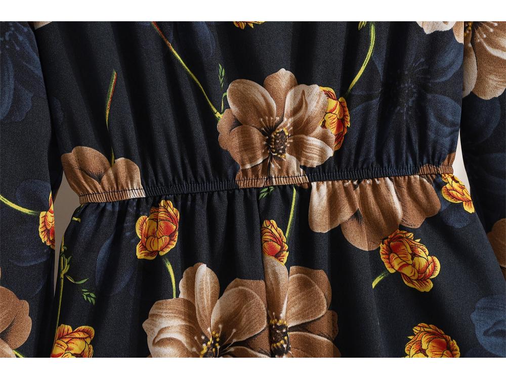 2022 European & American Floral A-Line Dress - Spring, Long Sleeve, Round Neck, Slim Fit