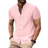 Summer Men's Casual Cotton Linen Short Sleeved Stand Up Collar Seven Button Shirt