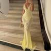 European and American Women Clothes V-neck Sexy Sling Backless Slim Fit Sequin Fishtail Formal Dress Beach Seaside Photography Yellow Long Dress