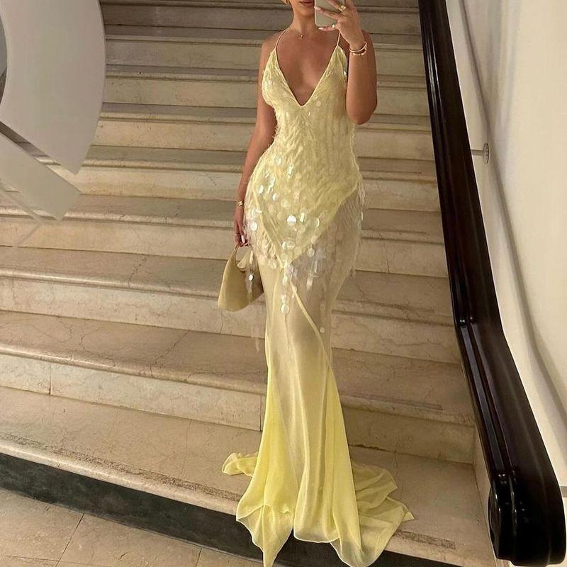 European and American Women Clothes V-neck Sexy Sling Backless Slim Fit Sequin Fishtail Formal Dress Beach Seaside Photography Yellow Long Dress