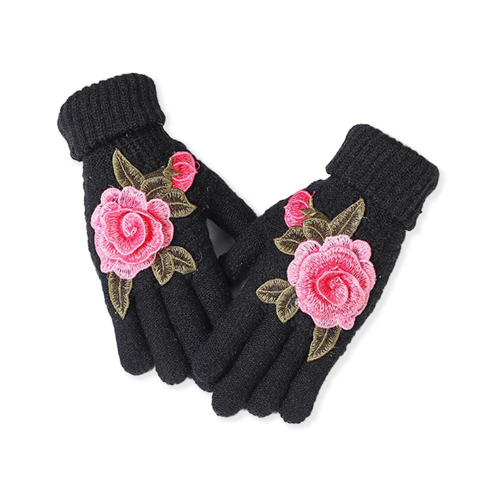 Soft Winter Gloves Embroidered Flower All Finger Gloves Knitted Gloves  Outdoor Cycling Driving