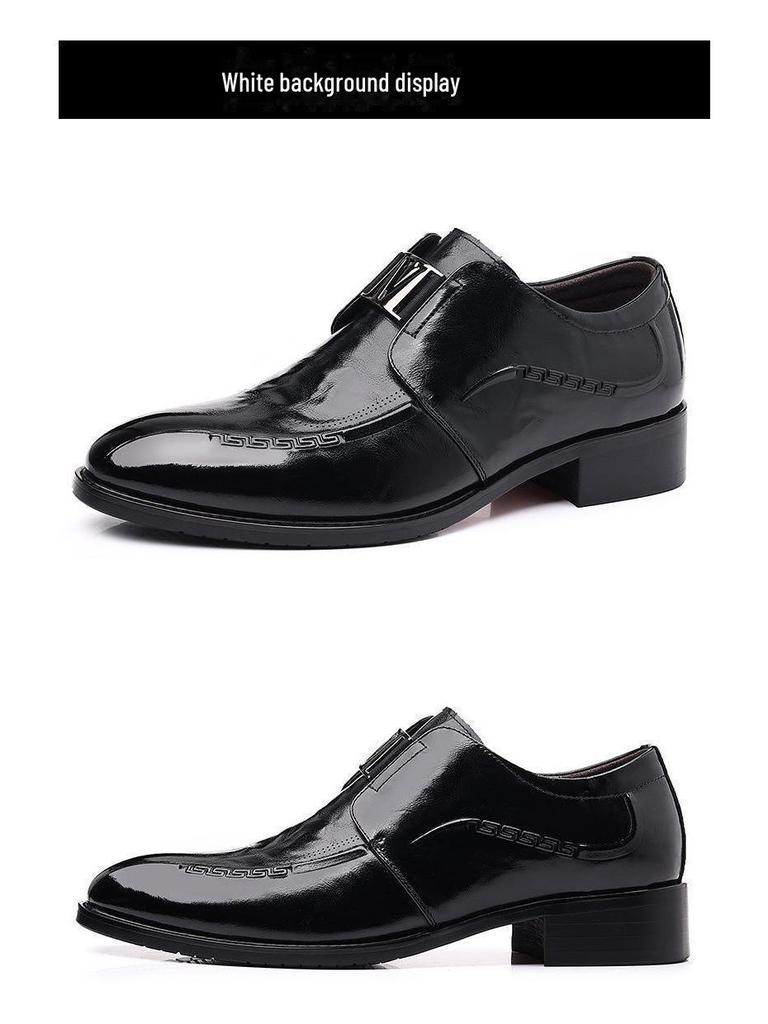 Men's Formal High-End Cowhide Leather Slip-On Shoes with Automatic Buckle and Breathable Pointed Toe Design