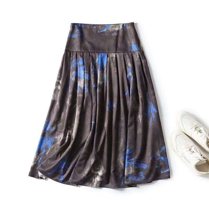 

MD Women s Romantic Retro Art Printing Color Contrast Pleated A- line Midi Skirt 05221871829 Gray Blue L