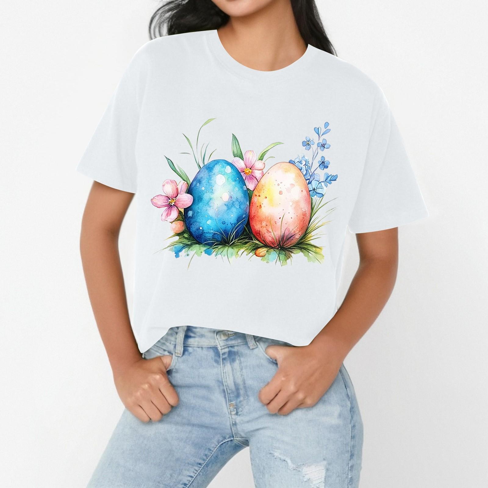 

Женская повседневная свободная футболка с пасхальным принтом, круглый вырез, пуловер, короткий рукав, топ XL белый