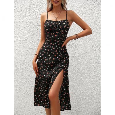 Women Floral Print Spaghetti Straps Summer Boho Beach Dress Print Elegant  Suspenders Square Neck Slit Dress Vestidos