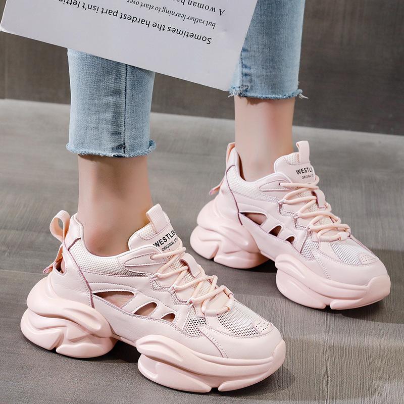 Dad's Shoes for Women  Spring New Style Breathable Mesh Casual Sports Shoes Thick Sole Inner Heightening White Women's Shoes
