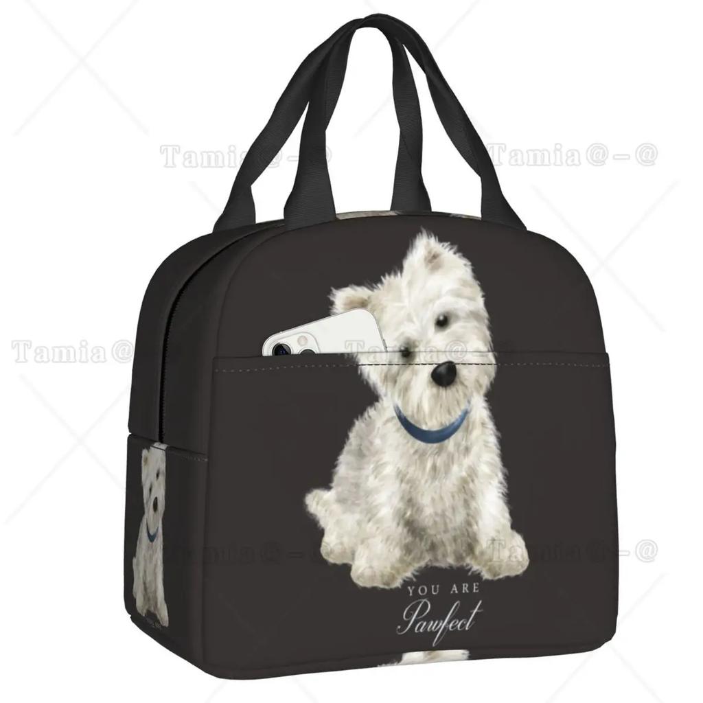 Westies Polka Dot Cartoon Pattern Insulated Lunch Bag Leakproof West Highland White Terrier Dog Thermal Cooler Lunch Tote Kids
