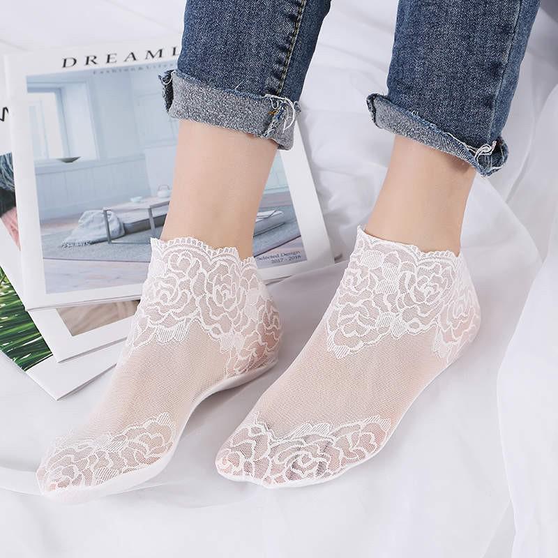 Calcetines de Malla hasta la Mitad de la Pantorrilla con Adorno de Encaje y Cristales - Modernos, Sexy, Estilo Coreano para Mujer (Primavera verano Otoño)