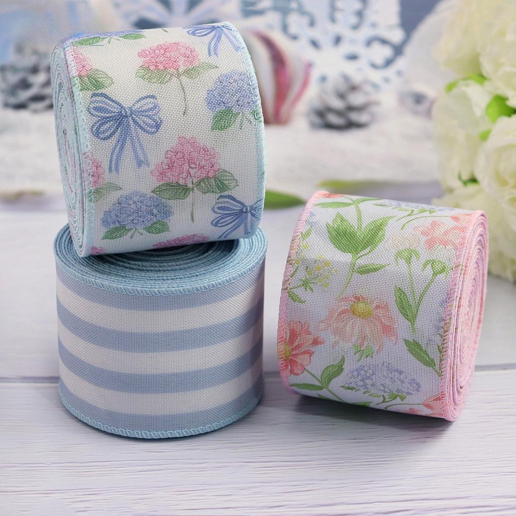 Floral Printed Ribbon with Wire Edges, 5 Yards 6.3cm Wide Polyester Craft Ribbon for Gift Wrapping & Decor