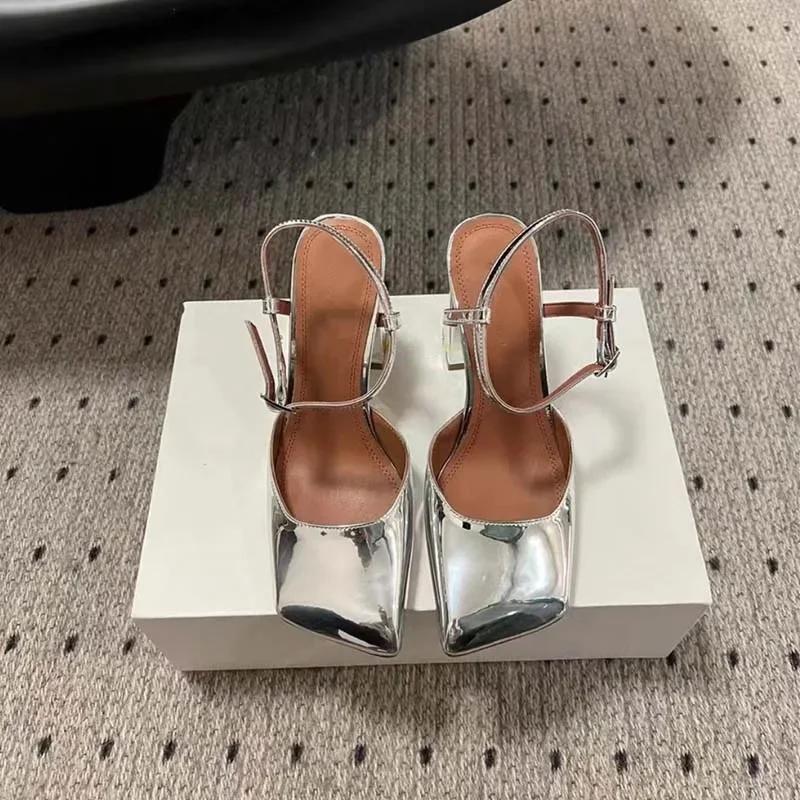 Fashion New Satin Mary Jane Fashion Sandals European American Women's Summer Square Head Thick Heel Shopping Commuting Style High Heels