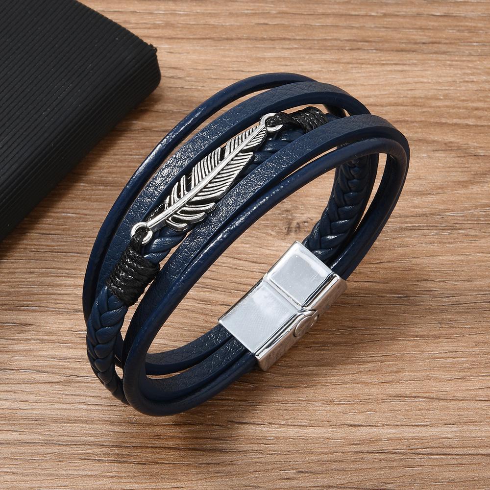 

Европейский и американский ретро стиль цинковый сплав лист многослойный мужской кожаный браслет темно-синий