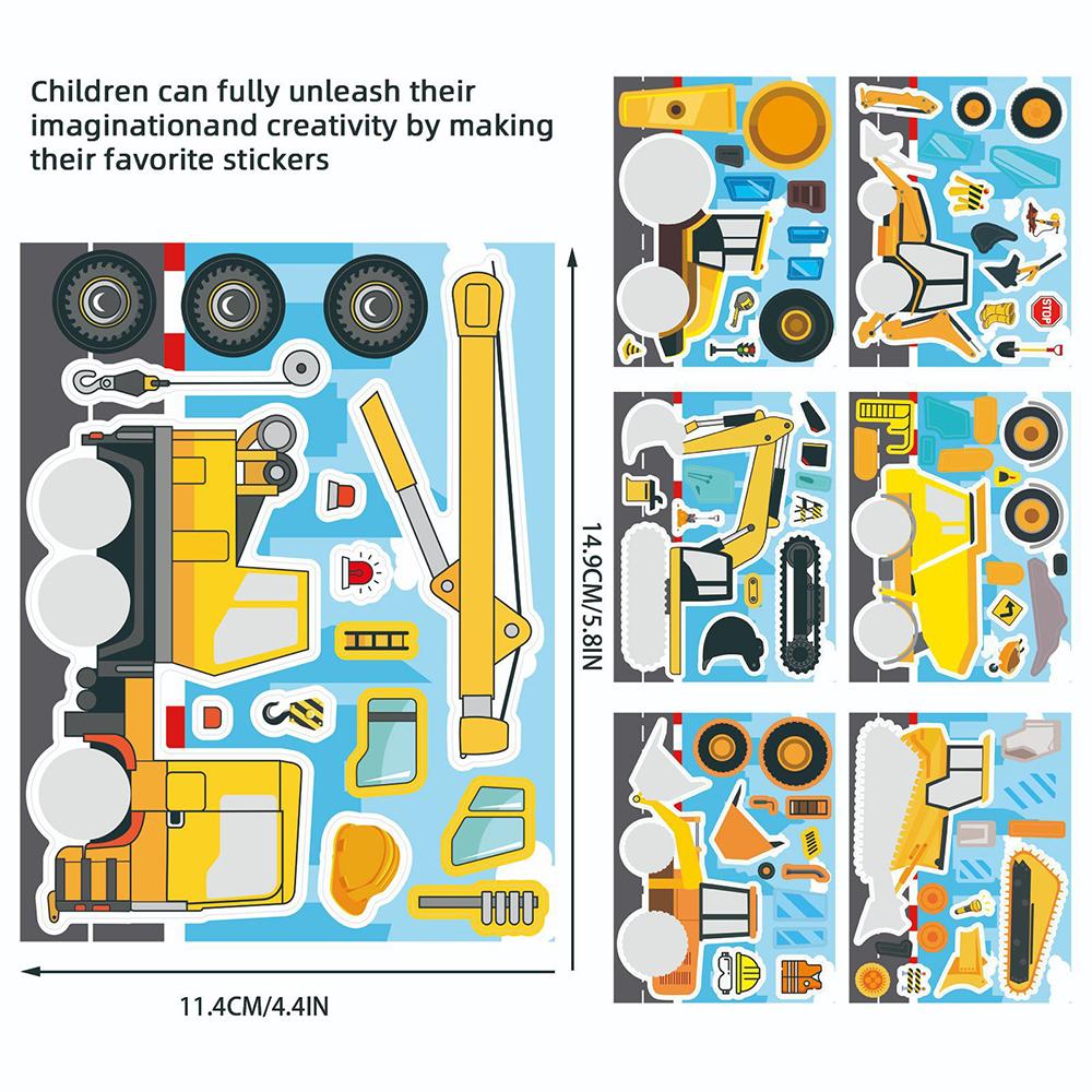 8/16Sheets Engineering Vehicles Puzzle Stickers Truck Make a Face Kids DIY Assemble Jigsaw Decals Funny Toys Party Games Gifts