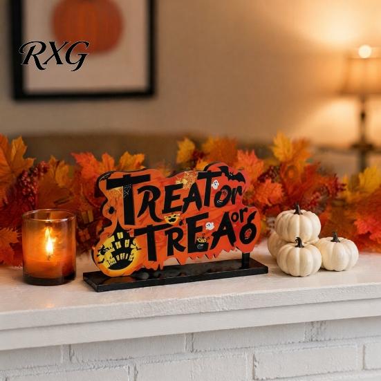 Stable Base Halloween Decor Wooden Tabletop Ornaments, Freestanding Solid Wood Letter Signs, Decorative Table Centerpiece Tiered Tray Decorations with